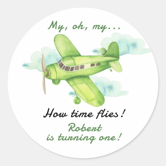 Sticker Rond Avion Oh Mon Temps Vol Voyage Premier Anniversaire (Devant)