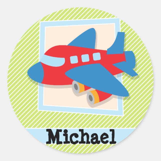 Sticker Rond Avion sur Lime Green & White Stripes (Devant)