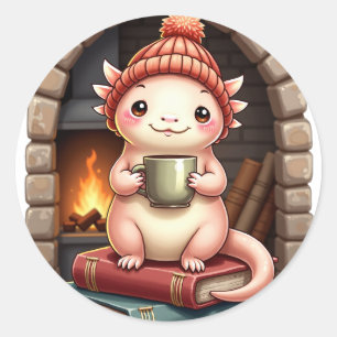 Sticker Rond Axolotl Accro au Café Kawaii - Coin Lecture Cozy D
