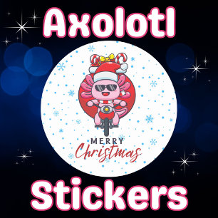 Sticker Rond Axolotl Père Noël sur moto Kawaii Style