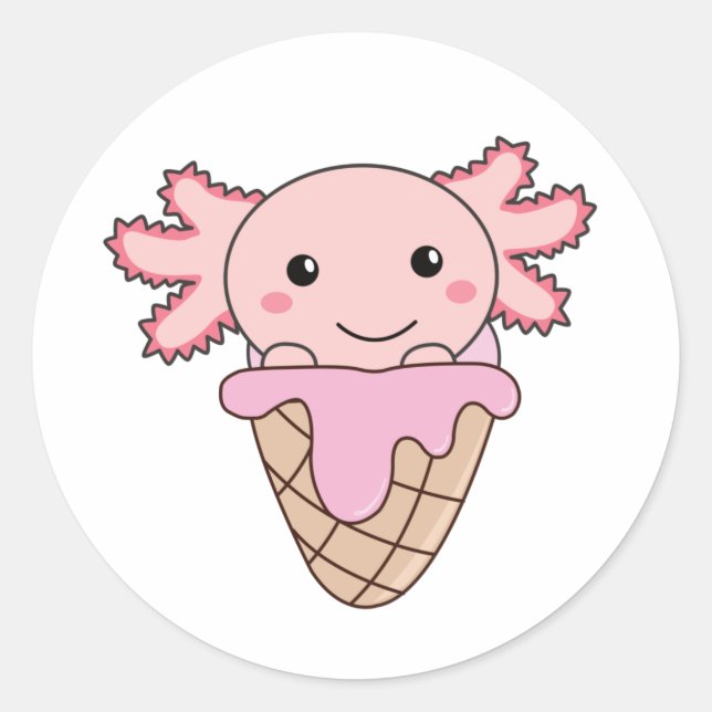 Sticker Rond Axolotl rose crème glacée gaufre Animaux doux Clas (Devant)