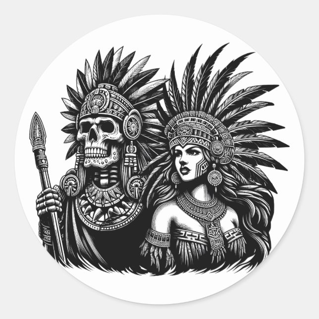 Sticker Rond Aztec Skeleton Warrior avec Princess (Devant)
