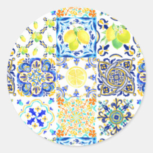 Sticker Rond Azulejo Majolique Portugais Méditerranéen Citron 