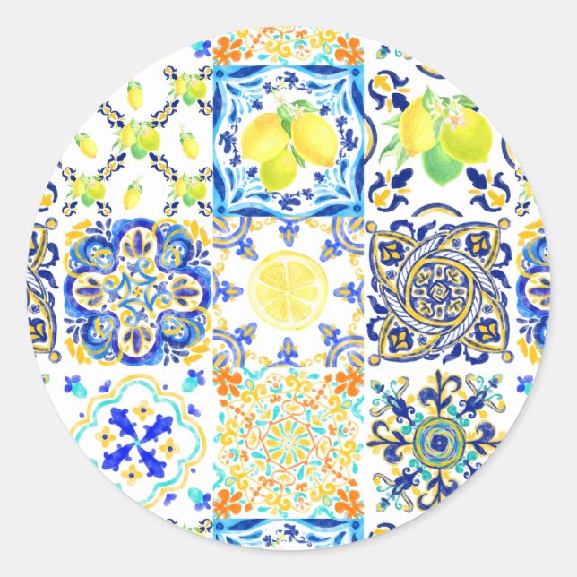 Sticker Rond Azulejo méditerranéen en majolique portugaise Citr (Devant)
