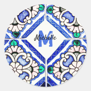 Sticker Rond Azulejo Motif espagnol Carreaux marine Monogramme 