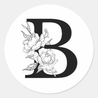 Sticker Rond B monogramme botanique. Lettre initiale avec pivoi