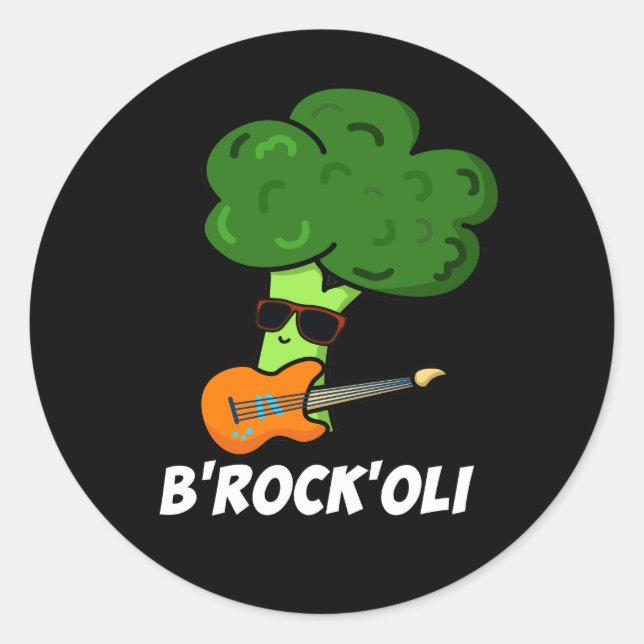 Sticker Rond B-Rock-Oli Funny Rocker Broccoli Pun Dark BG (Devant)