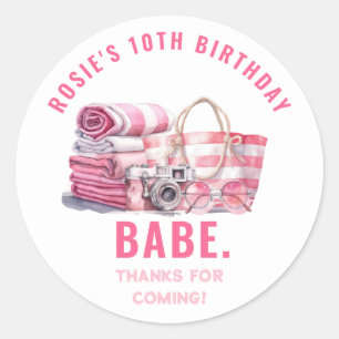 Sticker Rond BABE Pink Pool Party Fille Anniversaire Merci
