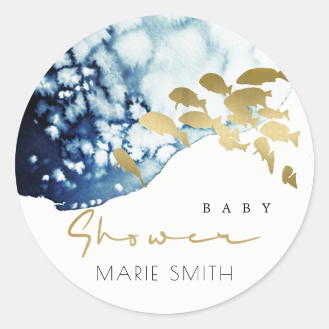 STICKER ROND BABEAU DE NAISSANCE BÉBÉ POISSONS SOUS-MARIN NAVY  (Devant)