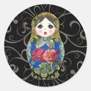 Sticker Rond Babushka Russian Doll Colourful Bold Rose Flower 2