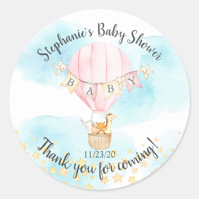 Sticker Rond Baby Animals Hot Air Balloon Baby shower Favoriser (Devant)
