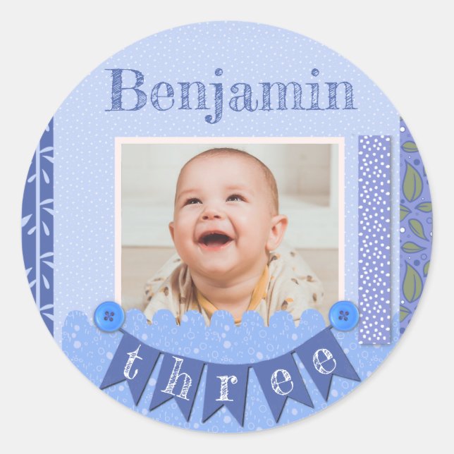 Sticker Rond Baby Boy 3e anniversaire Blue Scrapbook (Devant)