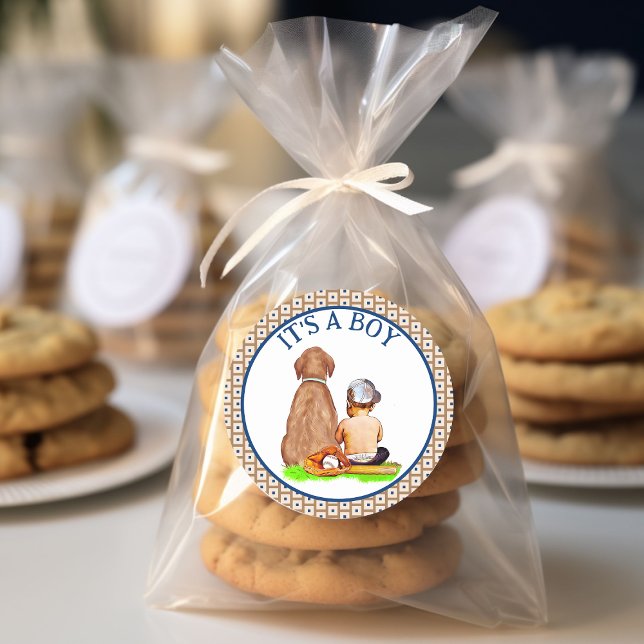 Sticker Rond Baby Boy and Dog Baseball Baby shower à thème (Créateur téléchargé)