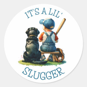 Sticker Rond Baby Boy and Dog   Lil Slugger   Baby shower