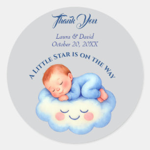 Sticker Rond Baby Boy Douche Invitation Lune Étoiles Aquarelle