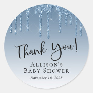 Sticker Rond Baby Boy Douche Parties scintillant bleu Merci