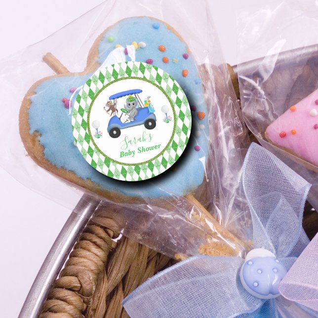 Sticker Rond Baby Boy Elephant & Monkey Golf Baby shower Retour (Créateur téléchargé)