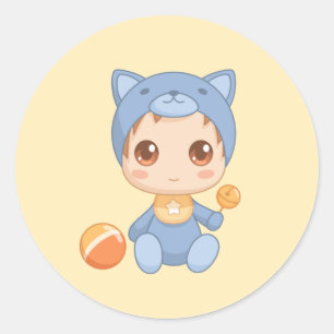 Sticker Rond Baby Boy Girl Chat Jumpsuit Jaune