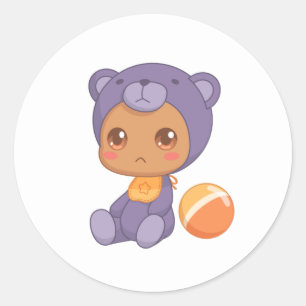 Sticker Rond Baby Boy Girl Purple Bear Jumpsuit