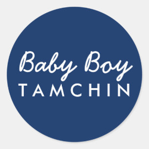 Sticker Rond Baby Boy Nom Baby shower Sticker-Bleu Blanc