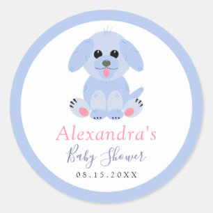 Sticker Rond Baby Boy Shower Blue Puppy Personnalisé