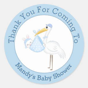 Sticker Rond Baby Boy Stork Rabbit
