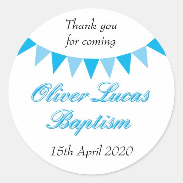 Sticker Rond Baby Bunting Baptême Bleu Baptême Christening Favo (Devant)