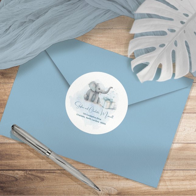 Sticker Rond Baby Elephant Blue Baby shower Adresse de retour (Créateur téléchargé)