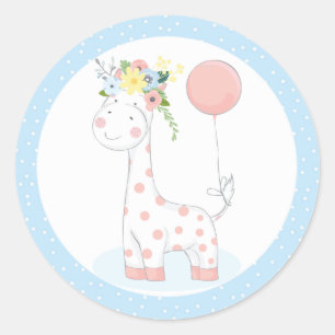 Sticker Rond Baby Giraffe Balloon Floral Crown Pastel Blue Zoo