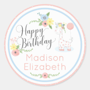 Sticker Rond Baby Giraffe rose Floral Joyeux 1er anniversaire f