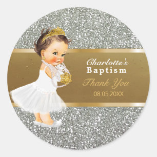 Sticker Rond Baby Girl Baptism Merci Favor Gold Silver