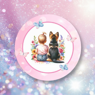 Sticker Rond Baby Girl et son chiot   Baby shower