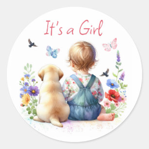 Sticker Rond Baby Girl et son chiot C'est une aquarelle fille