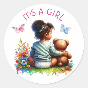 Sticker Rond Baby Girl et son ours en peluche   C'est une fille