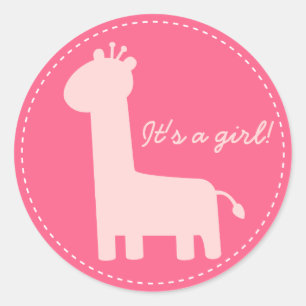 Sticker Rond Baby Girl Faire-part - silhouette de girafe rose