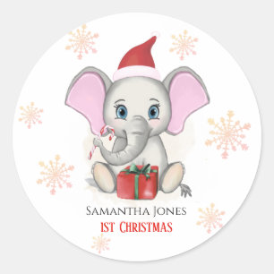 Sticker Rond Baby Girl First Christmas Jote Elephant Holidays