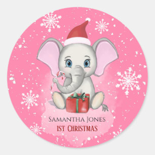 Sticker Rond Baby Girl First Christmas Jote Elephant Holidays