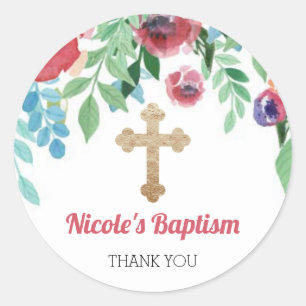 Sticker Rond Baby Girl Gold Cross Baptism Favoriser les fleurs