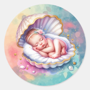 Sticker Rond Baby Girl in a Seashell Baby shower