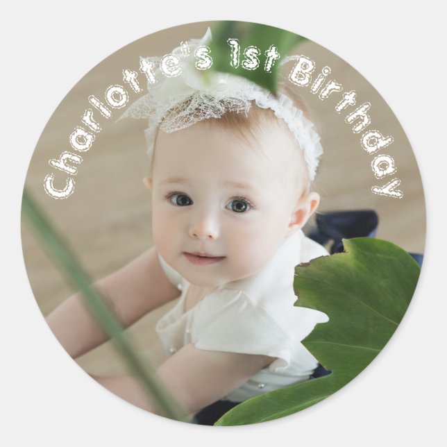 Sticker Rond Baby Girls First Birthday Nom Et Photo (Devant)