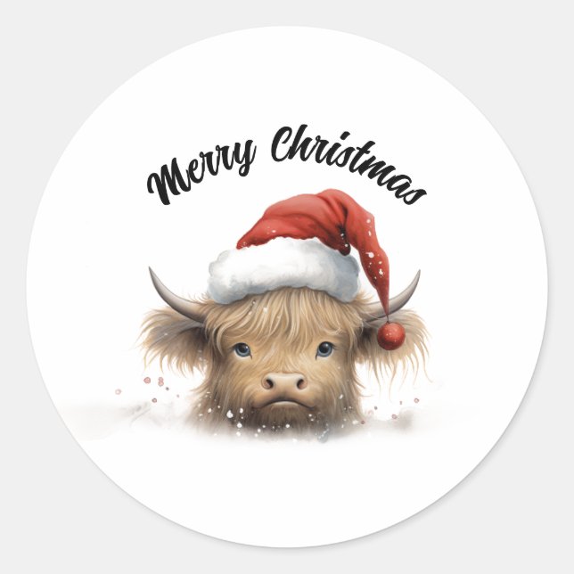 Sticker Rond Baby Highland Cow Santa Hat (Devant)