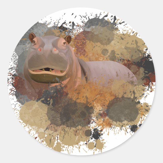 Sticker Rond Baby Hippo Abstrait Paint Splatter Faune (Devant)