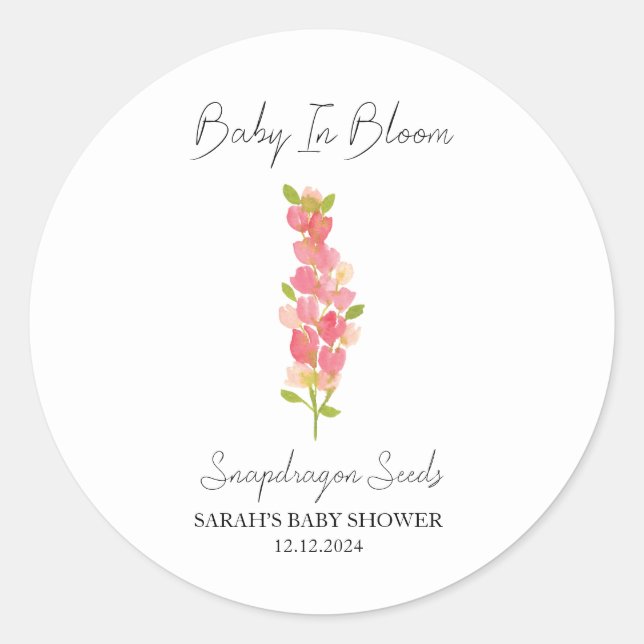 Sticker Rond Baby In Bloom l Snapdragon Graines Baby shower (Devant)