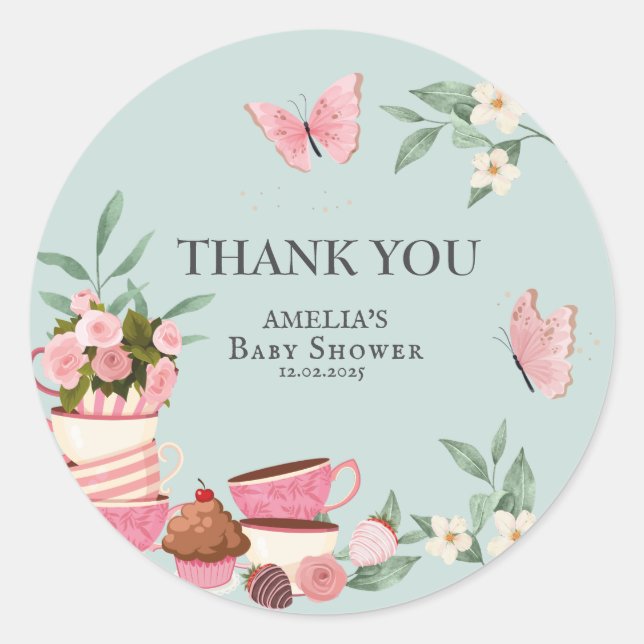Sticker Rond Baby is brewing floral teacup Baby shower favor (Devant)
