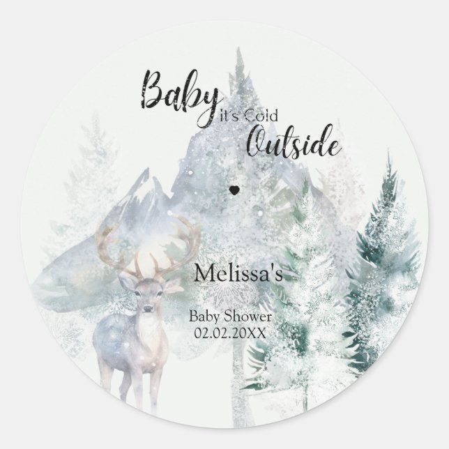Sticker Rond Baby Its Cold Outside Winter Evergreen Baby Shower (Devant)