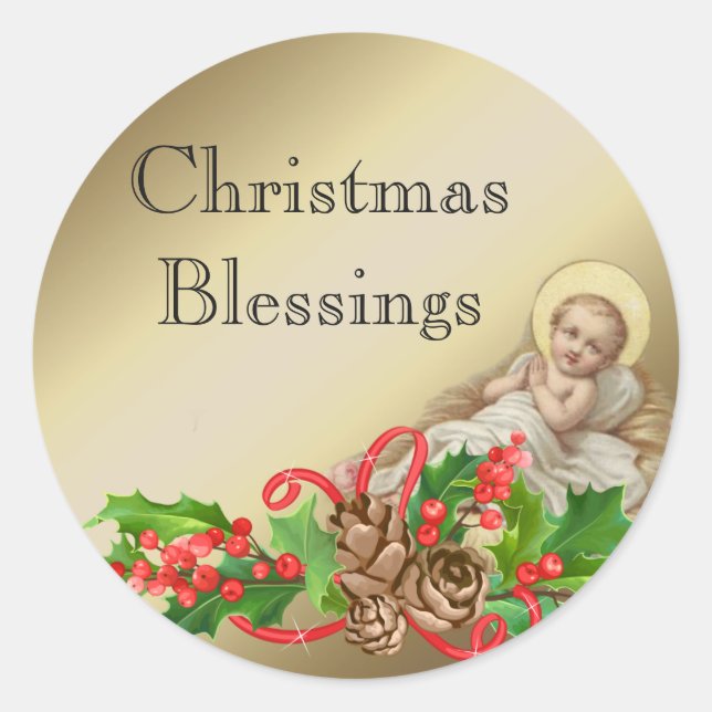 Sticker Rond Baby Jesus in Manger Noël Bénédictions Floral (Devant)