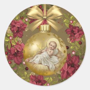 Sticker Rond Baby Jesus in Manger Noël Floral Wreath