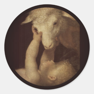 Sticker Rond Baby Jesus Touches Lamb