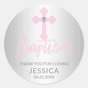 Sticker Rond Baby moderne Croix rose Baptême fille Merci