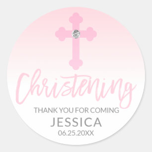 Sticker Rond Baby moderne Croix rose Christening fille Merci